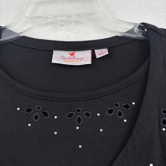 Quacker Factory Duet Knit Top Size L Black Eyelet Rhinestone 3/4 Sleeve Cotton - Picture 3 of 10
